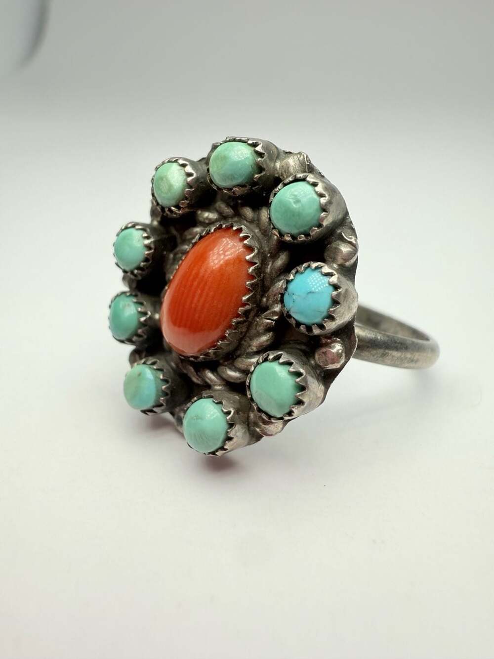 Vintage Sterling Silver Turquoise and Coral Cluster Ring